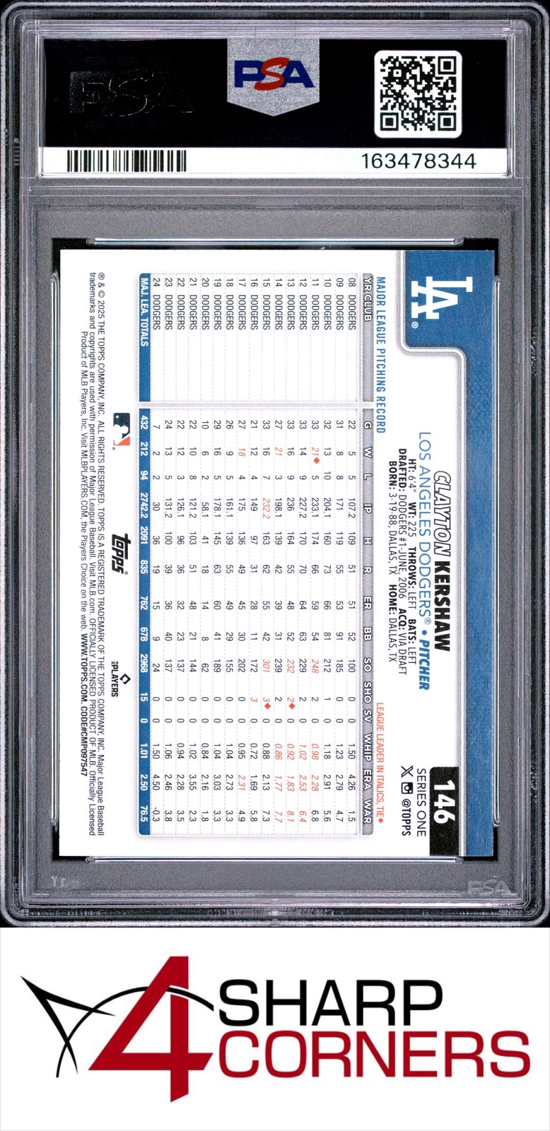 2025 TOPPS #146 CLAYTON KERSHAW PSA 9 view 2