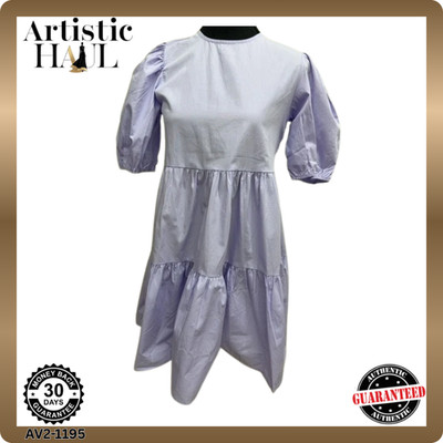 Ole by Koton Purple Tiered Knee Dress EU 34 Cotton Puffed Sleeve