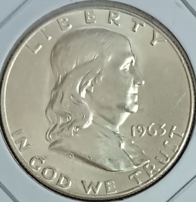 1963-D Benjamin Franklin 90% Silver Half Dollar, BU. 62YO Blazing Beautiful Coin