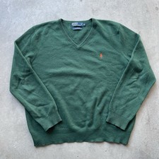 Vintage Polo Ralph Lauren 100 Lambswool Green V-Neck Sweater Mens XL