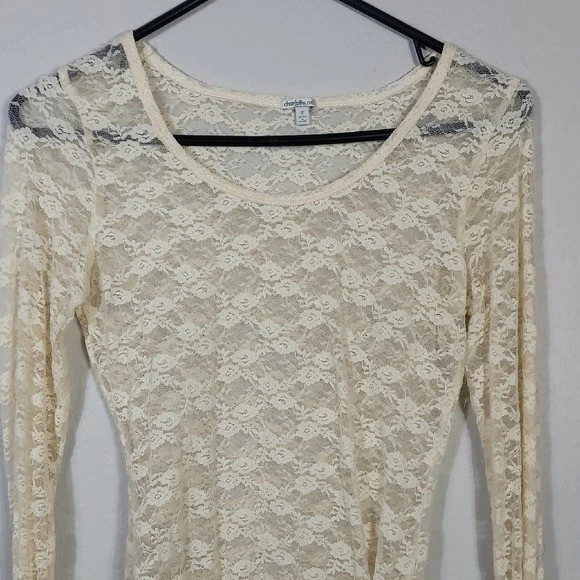 Y2K 复古透明蕾丝长袖上衣 S 码白色象牙色奶油色花卉 90 年代尼龙 — 第 2/4 张图片