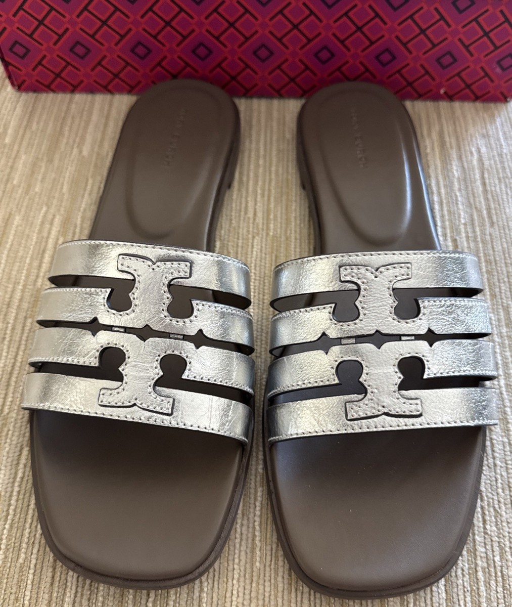NEW TORY BURCH Women's Ines Cage Slide Metallic Leather -Silver