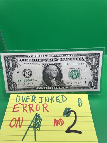 $1 One Dollar GREEN Ink Error Bill Note Over Inked “A”& “2”Fancy Serial Number - Picture 5 of 16