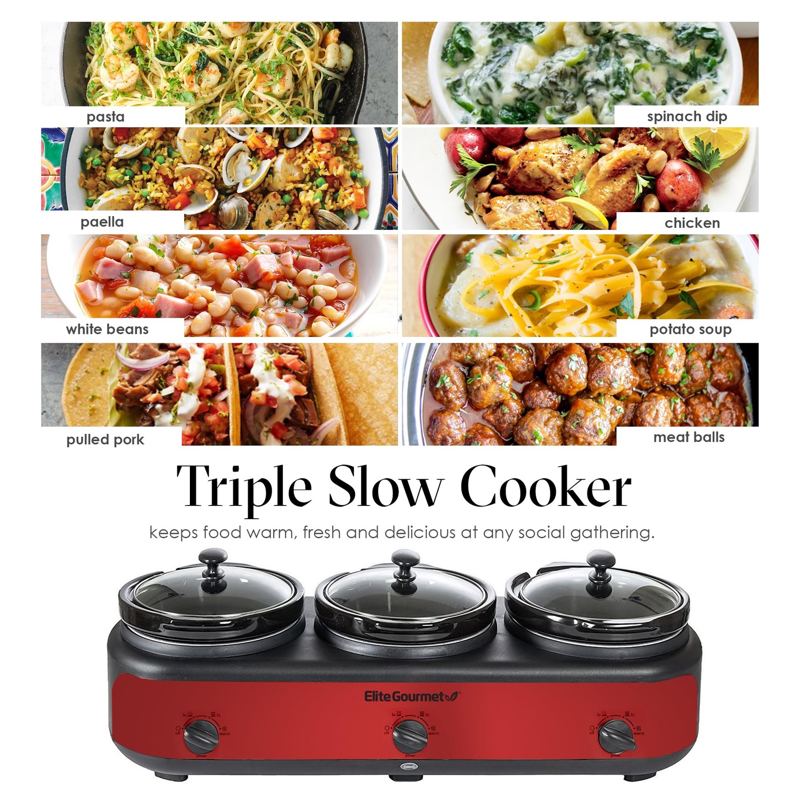 EWMST-325R Maxi-Matic Triple Slow Cooker Buffet Server Adjustable Temp Dishwa...