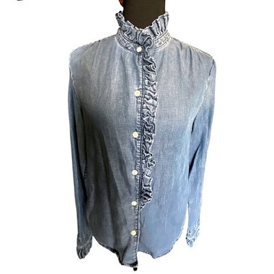 FRAME Springfield Ruffle Neck Chambray Shirt Blue Tencel Linen Blend LWSH0835 XS
