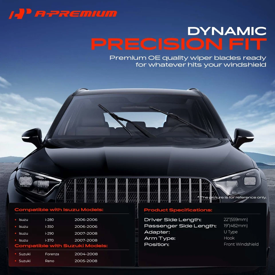 A-Premium 2Pcs 22" & 19" Windshield Wiper Blades Front for Suzuki Forenza Reno - Image 2 of 4