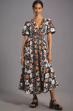 NWT Anthropologie Katerina Button-Front Midi in Black Floral Print Dress 1X