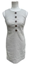 Calvin Klein Pinstripe Sheath Dress Womens 6P Beige Linen Sleeveless Button
