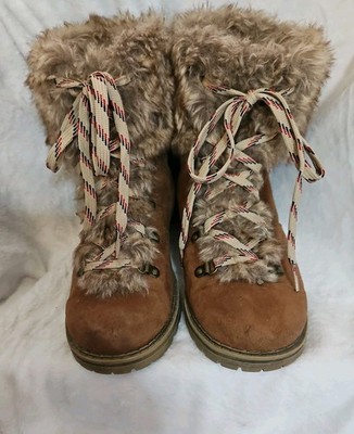 Bo Ho Chunky Boots Ladies 9 1/2 Tan Universal Thread  Microsuede Faux Fur Trim
