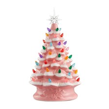 15" Pre-Lit Pink Snow Ceramic Christmas Tree Hand-Painted Tabletop with Lights