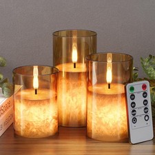 Battery Operated Flameless Candles Set with Remote  Timer - Gold Glass 3 Pack