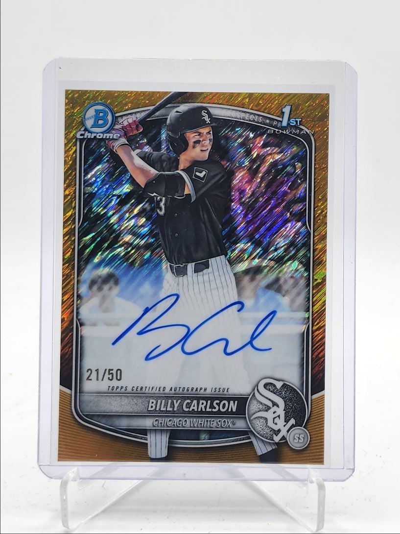 BILLY CARLSON 2025 BOWMAN CHROME DRAFT 1ST GOLD SHIMMER AUTO /50 Q3967