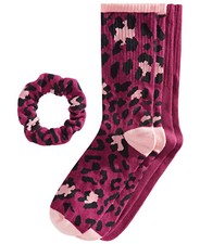 JENNI Women's 2-Pack Animal Print Crew Socks And Scrunchie Set One Size Purple