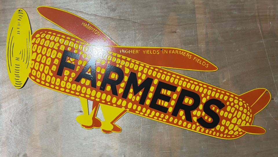 Vintage DSP Farmers Airplane Corn Gas & Oil Porcelain Enamel Sign 48x22