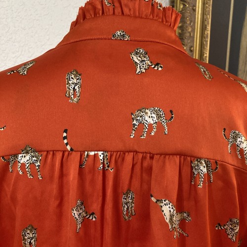 Camicetta Chicos Popover leopardata collo arricciato arancione rosso seta taglia 0 US 4/6 - Foto 7 di 12