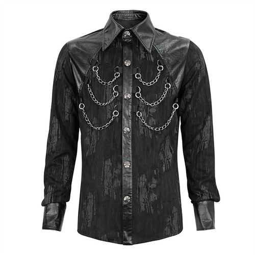Devil Fashion Men Black Gothic Punk Leather Spliced Long Sleeve Slim Fit Shirt - Picture 14 of 20