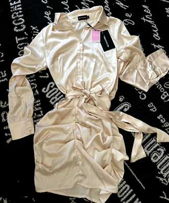 NWT PRETTY LITTLE THING Sz 6 S/XS Champagne Satin SHIRT DRESS Knee RUCHED  Beige | eBay