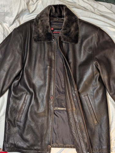APENNIE Leather Zip Out Liner Coat Size XL 48US Fur Trim