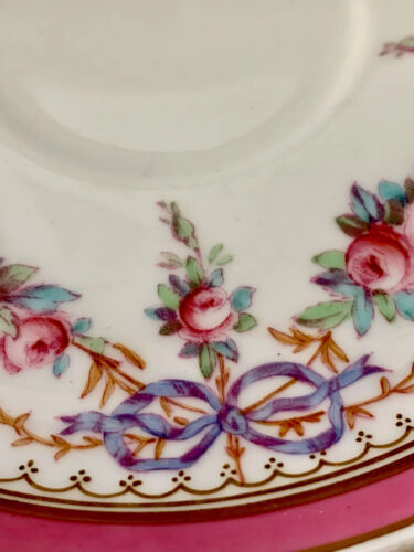 READ Spode Copeland Large Tea Cup Saucer Scrolled Handle Pink Roses Purple Bows - Picture 6 of 23