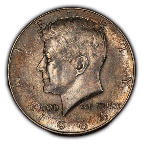 1964 50c Kennedy Half Dollar - Deep Rainbow Pattern End Roll Toning - BU - H2573
