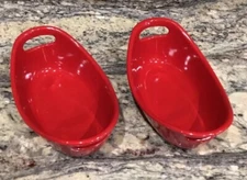TWO (2) RACHAEL RAY BRIGHT RED 12 OZ BAKER AU GRATIN OPEN HANDLE STONEWARE EX