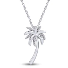 Diamond Palm Tree Pendant Necklace in Sterling Silver on an 18in. Chain
