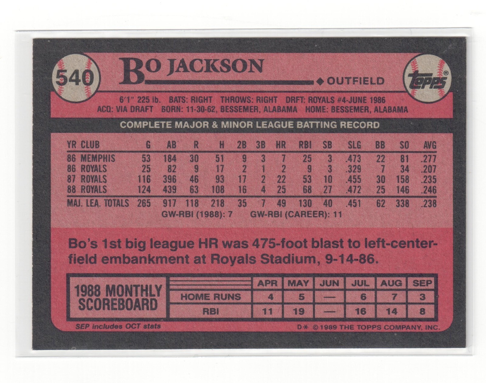 1989 BO JACKSON TOPPS BASEBALL CARD 540 eBay