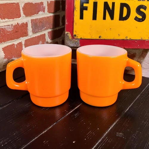 Anchor Hocking Fire King Vintage Oven Proof Orange Stacking Mugs Lot of 2