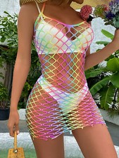 Womens Colorful Rainbow Body-con Dress Hollow Out See-through Fishnet Sleepwear