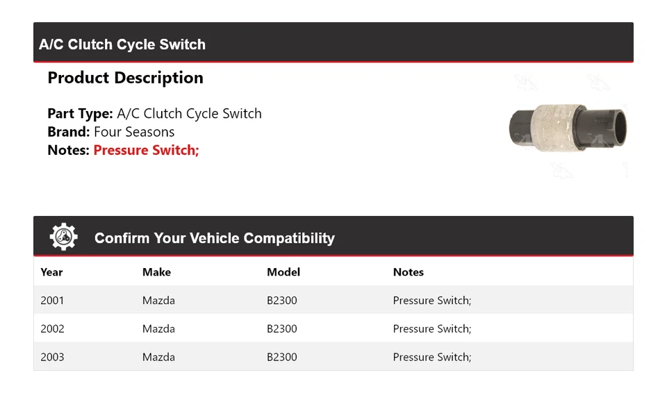 Interruptor de ciclo de embrague de aire acondicionado para Mazda B2300 2001-2003 4 estaciones 2002 Foto 2 de 4