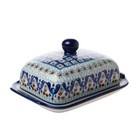 Butter Dish - Blue Squares & Flowers - 0295-1026X - 9x17x13cms - Polish Pottery