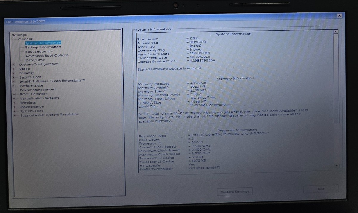 Dell Inspiron 15-3567 Laptop Intel Core i3-7020U 4GB RAM 1TB HDD