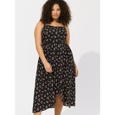 New Torrid Tea Length Challis Square Neck Dress Black Smocked Pocket Strap Sz 1X