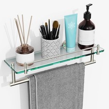 Floating Tempered Glass Bathroom Shelf with Towel Bar - Brushed Nickel