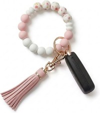 Key Ring Bracelet Car Keychain Holder Wristlet Silicone Women Beaded Bangle