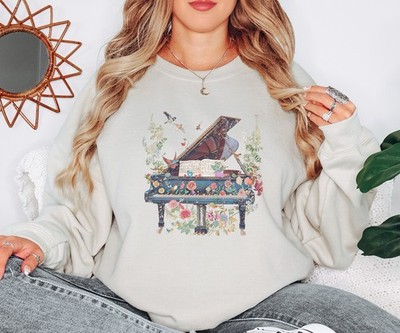 Blumen Flügel Kunst Damen Sweatshirt Klavier Musik Geschenk für Sie