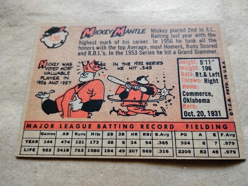 Mickey Mantle 1958 Topps #150 New York Yankees Very-Good to Excellent Condition - Picture 10 of 15