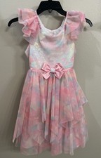 Vestido Jona Michelle Niñas Talla 7 Pastel Tul Lentejuelas Rosa Azul Amarillo Formal Usado en Excelente Condición