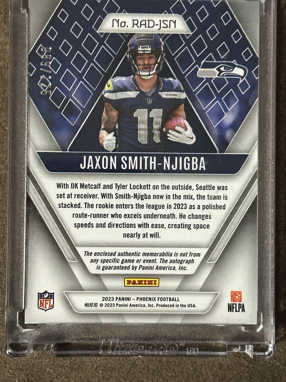 Jaxon Smith-Njigba RPA 2023 Phoenix Rookie Dual Patch Auto /225 Dinged Corner view 4