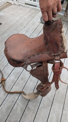 Vintage Leather Childs SADDLE  Stirrups Pony Horse Donkey OLD HAS WEAR