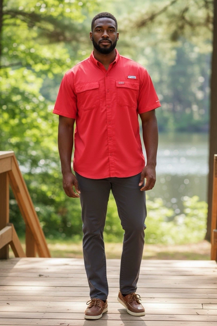 Columbia PFG Shirt Mens 2XL Red Short Sleeve Omni-Shade Vented Fishing Button Up
