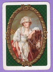 1 Single Swap Playing Card WIDE LADY + HORSE I GOLD OVAL FRAME GREEN VINTAGE