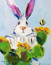 New Cute Bunny Portrait Cactus Art PRINT Painting by Artist Jose Trujillo