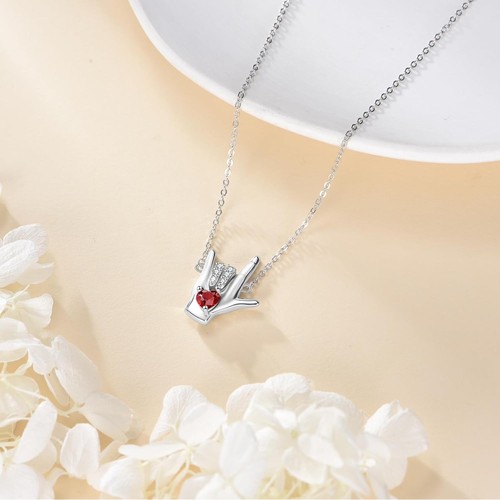 I Love You Sign Language Necklace Sterling Silver Hand Red Heart Pendant Women - Picture 3 of 6