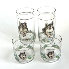 Vintage Libbey Southwest Desert Wolf 2 Short Lowball 2 Tall Highball Glasses Bar
