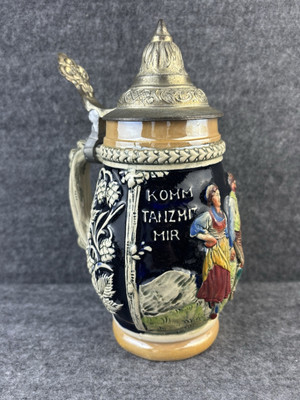 VINTAGE DBGM GERMAN CERAMIC BEER STEIN 6.5  PEWTER TOP 12 OZ  KOMM TANZ MIT MIR 