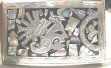 Belt Buckle Mexican Silver ABALONE Inlay Mesoamerican or Aztec sun/deity Vtg