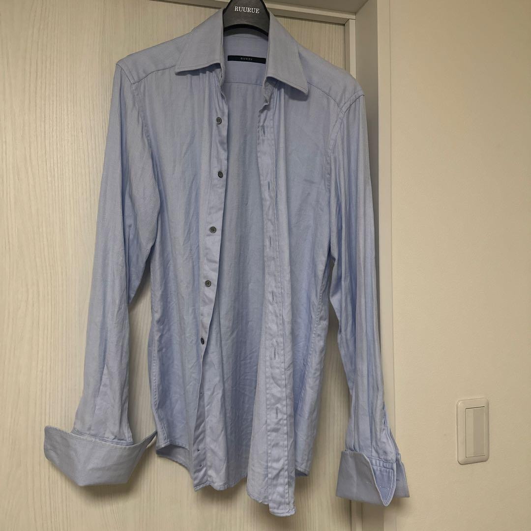 Gucci Light Blue Herringbone Cotton Long Sleeve Shirt Size 38/15 XS-S
