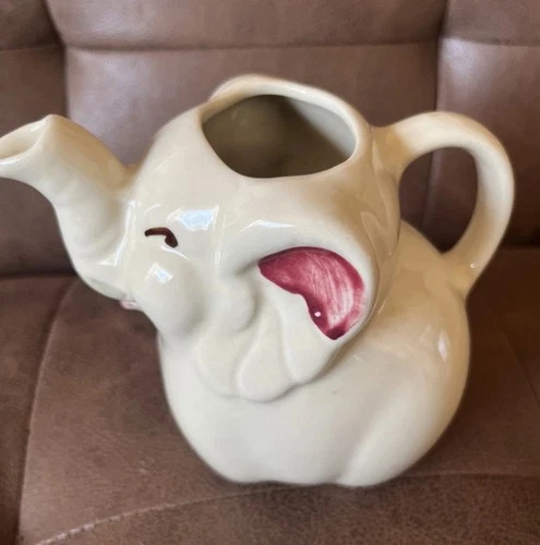 Vintage 1940s Hand Painted Shawnee Elephant Pitcher Cream Trunk Up 1940s USA
