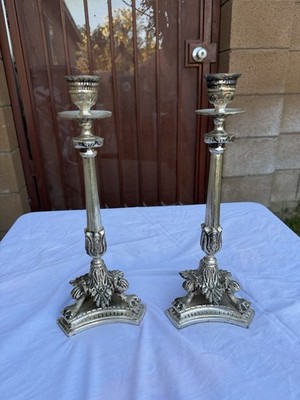 Antique French Bronze Empire Ormolu Candlesticks 19th Century Claw Foot Set 2